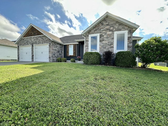 923 Riverview Rd, Marshfield, MO 65706 - view of front of home with stone siding, a garage, a front lawn, and driveway