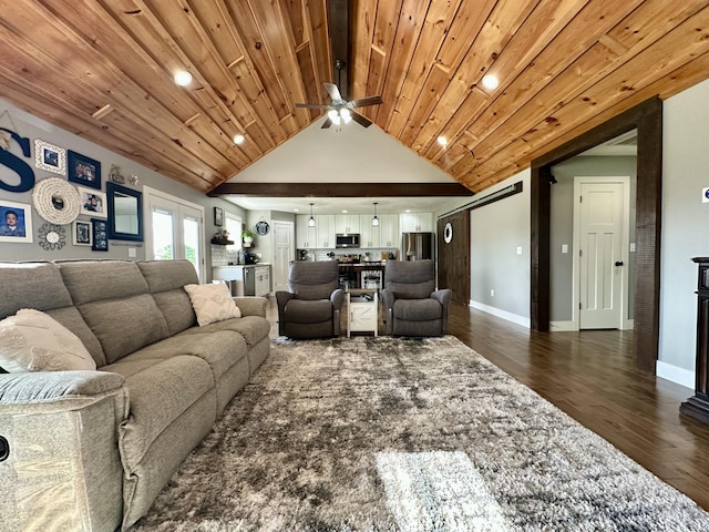 923 Riverview Rd, Marshfield, MO 65706 - living room with dark wood finished floors, a ceiling fan, vaulted ceiling, baseboards, and recessed lighting