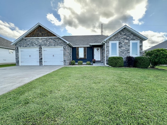 923 Riverview Rd, Marshfield, MO 65706 - ranch-style home with concrete driveway, an attached garage, a front lawn, and stone siding