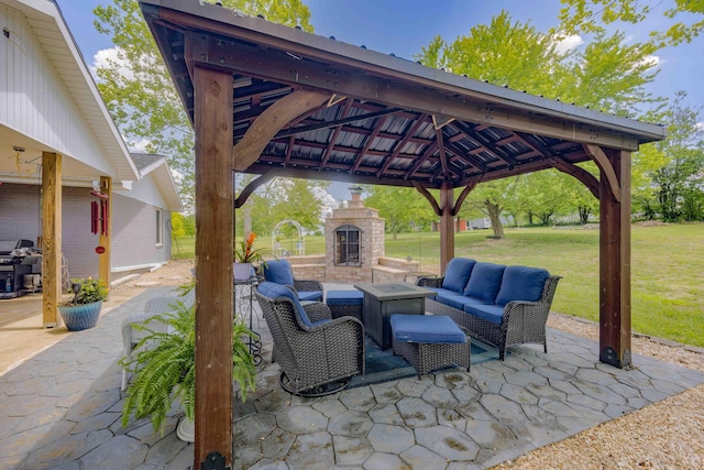 248 Charles Rd, Billings, MO 65610 - view of patio / terrace featuring an outdoor living space with a fireplace, a gazebo, and a grill