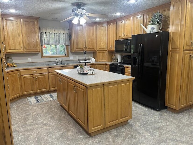 4120 S 119th Rd, Bolivar, MO 65613 - kitchen with black appliances, a sink, light countertops, a ceiling fan, and a textured ceiling