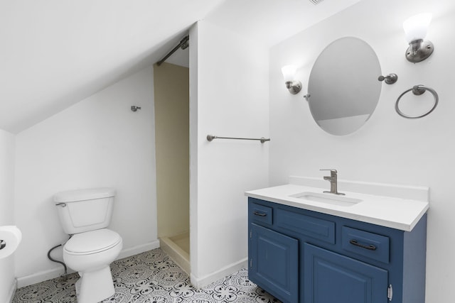 25451 County Road 327, Urbana, MO 65767 - bathroom featuring toilet, vanity, baseboards, vaulted ceiling, and a shower