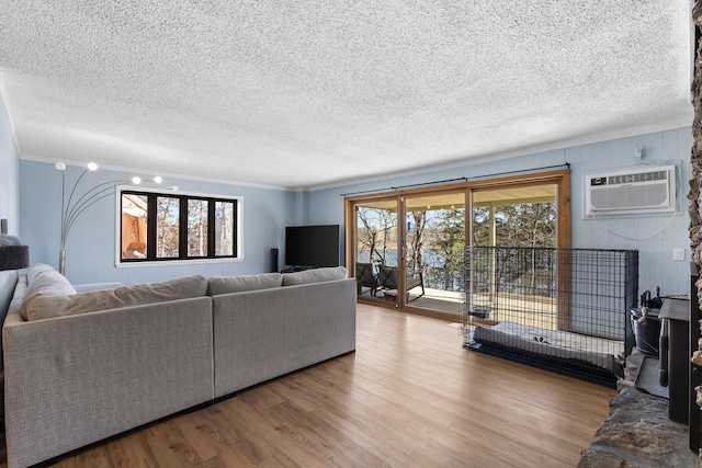 25451 County Road 327, Urbana, MO 65767 - living area featuring wood finished floors, a textured ceiling, and a wall mounted air conditioner
