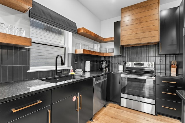 400 Poolside Pass, Hollister, MO 65672 - kitchen with open shelves, stainless steel appliances, backsplash, and dark cabinetry