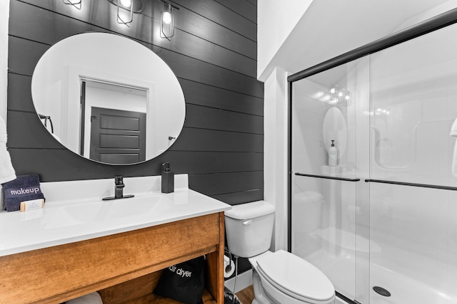 400 Poolside Pass, Hollister, MO 65672 - full bathroom featuring a stall shower, vanity, and wooden walls