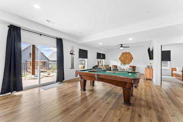 400 Poolside Pass, Hollister, MO 65672 - playroom featuring light wood finished floors, billiards table, recessed lighting, and ceiling fan
