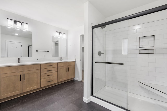 1257 W Gaslight Dr, Springfield, MO 65810 - full bath featuring a stall shower, double vanity, and baseboards