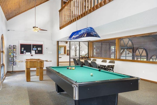 234 Sunset Cv Unit 107, Branson, MO 65616 - playroom with high vaulted ceiling, billiards, carpet flooring, baseboards, and wood ceiling