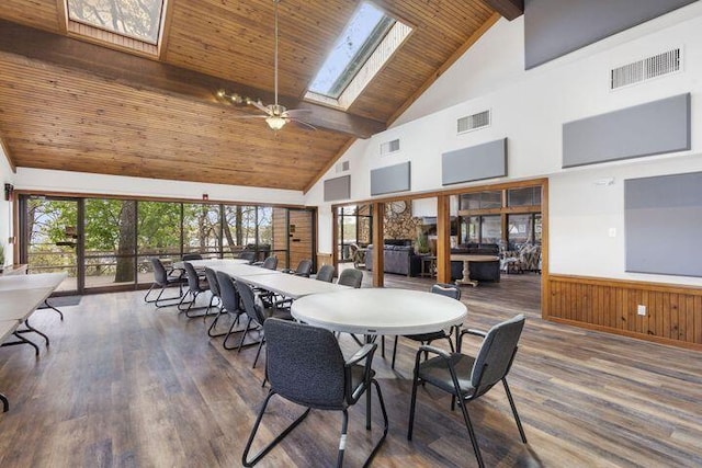 234 Sunset Cv Unit 107, Branson, MO 65616 - dining space with wood finished floors, high vaulted ceiling, a skylight, wood ceiling with exposed beams, and wainscoting
