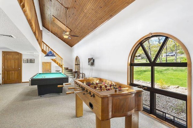 234 Sunset Cv Unit 107, Branson, MO 65616 - playroom featuring carpet flooring, high vaulted ceiling, wood ceiling, and pool table