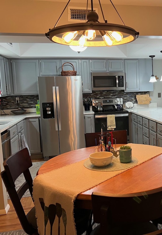 234 Sunset Cv Unit 107, Branson, MO 65616 - kitchen featuring stainless steel appliances, gray cabinetry, light countertops, and decorative backsplash