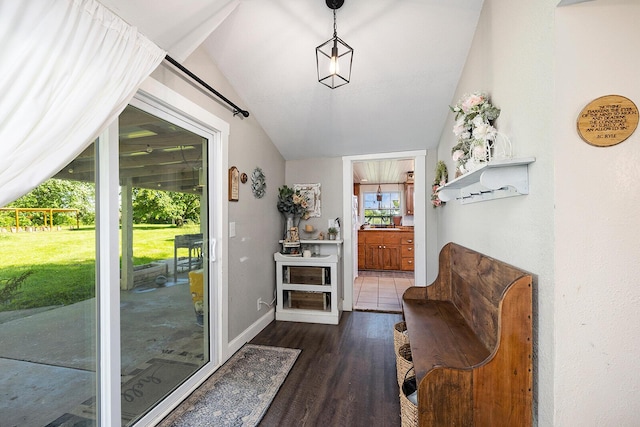 214 Rudolph St, Seymour, MO 65746 - doorway to outside with vaulted ceiling, dark wood-style flooring, plenty of natural light, and baseboards