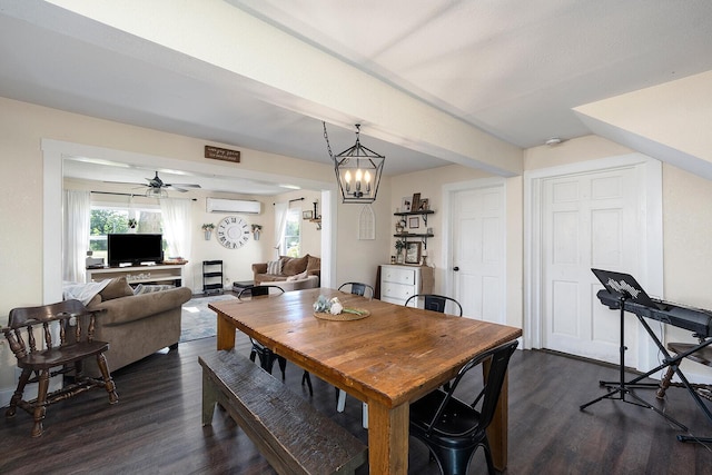214 Rudolph St, Seymour, MO 65746 - dining space with a wall mounted AC, dark wood finished floors, a ceiling fan, and baseboards