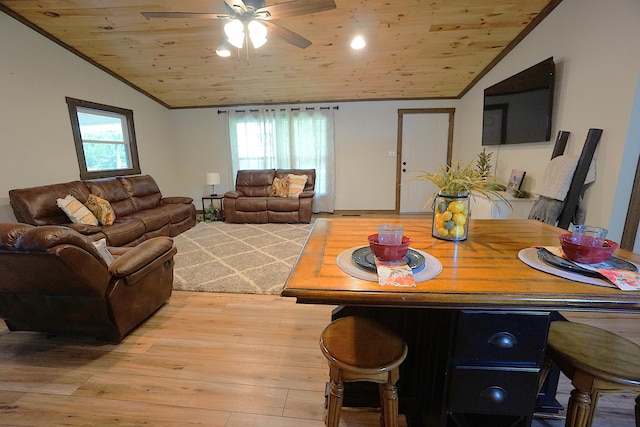 20770 State Highway 76, Cassville, MO 65625 - living room with vaulted ceiling, light wood-style floors, wooden ceiling, ceiling fan, and recessed lighting