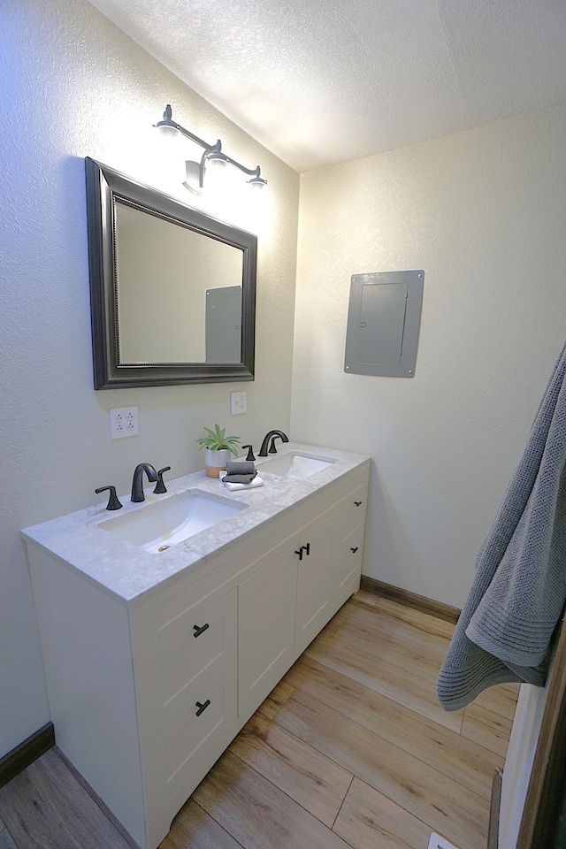 20770 State Highway 76, Cassville, MO 65625 - bathroom featuring electric panel, double vanity, wood finished floors, baseboards, and a textured ceiling