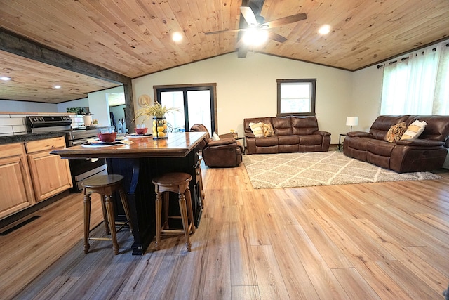 20770 State Highway 76, Cassville, MO 65625 - living room with wood finished floors, lofted ceiling, a ceiling fan, recessed lighting, and wood ceiling