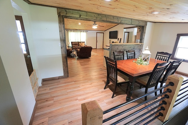 20770 State Highway 76, Cassville, MO 65625 - dining room featuring light wood-style floors, recessed lighting, wood ceiling, and ceiling fan