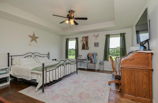 684 Spring Creek Rd, Clever, MO 65631 - bedroom with a raised ceiling, hardwood / wood-style flooring, multiple windows, and ceiling fan
