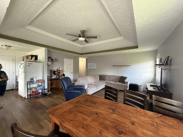 208 Justin St, Rogersville, MO 65742 - living room with a tray ceiling, a textured ceiling, dark wood-style flooring, and ceiling fan