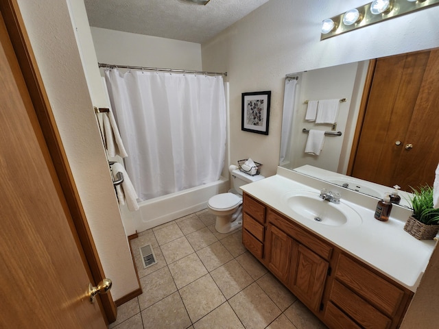 29039 Nottinghill Dr, Shell Knob, MO 65747 - bathroom featuring vanity, shower / bath combo with shower curtain, a textured ceiling, and tile patterned flooring
