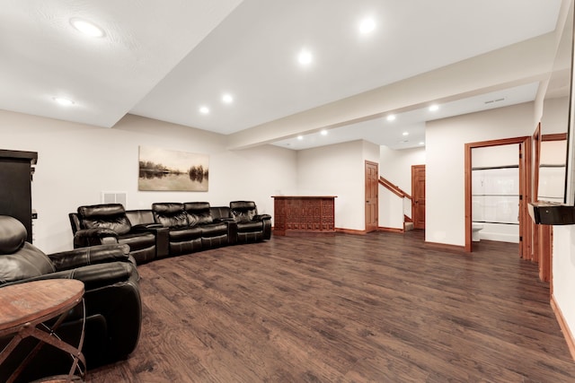 2029 Moon Valley Rd, Ozark, MO 65721 - living room featuring dark wood finished floors, recessed lighting, a dry bar, stairs, and baseboards