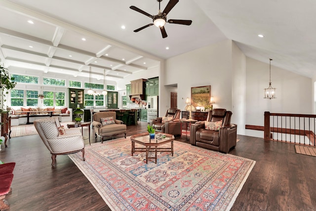 2029 Moon Valley Rd, Ozark, MO 65721 - living area with ceiling fan, dark wood finished floors, beam ceiling, a chandelier, and a high ceiling