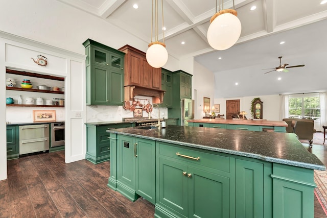 2029 Moon Valley Rd, Ozark, MO 65721 - kitchen featuring an island with sink, stainless steel appliances, green cabinetry, dark wood-style floors, and beamed ceiling