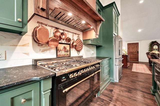 2029 Moon Valley Rd, Ozark, MO 65721 - kitchen with green cabinets, double oven range, premium range hood, decorative backsplash, and high quality fridge