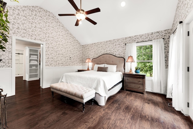 2029 Moon Valley Rd, Ozark, MO 65721 - bedroom featuring wallpapered walls, lofted ceiling, a wainscoted wall, wood finished floors, and ceiling fan