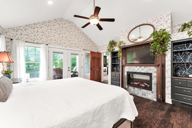 2029 Moon Valley Rd, Ozark, MO 65721 - bedroom with vaulted ceiling, french doors, access to exterior, wallpapered walls, and wood finished floors