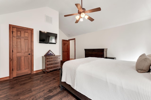 2029 Moon Valley Rd, Ozark, MO 65721 - bedroom featuring lofted ceiling, dark wood-style floors, a ceiling fan, and baseboards