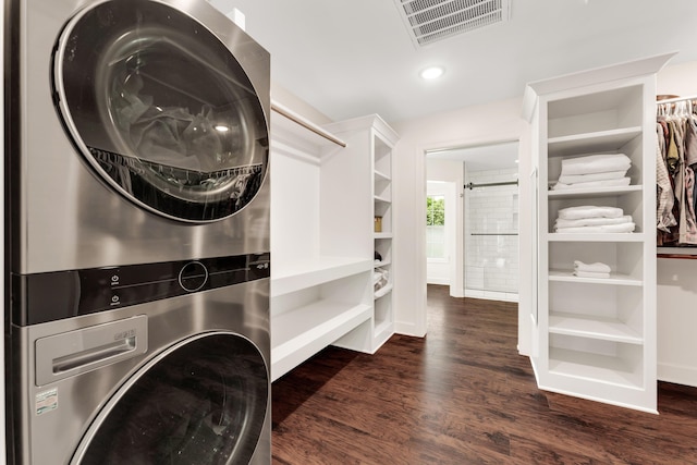 2029 Moon Valley Rd, Ozark, MO 65721 - washroom with stacked washer / drying machine, dark wood-style floors, and recessed lighting