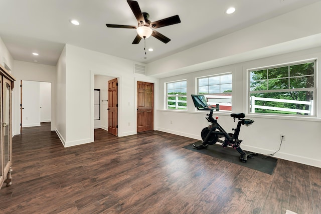 2029 Moon Valley Rd, Ozark, MO 65721 - workout area with a ceiling fan, baseboards, recessed lighting, and dark wood finished floors