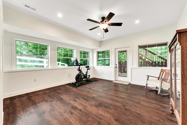 2029 Moon Valley Rd, Ozark, MO 65721 - workout room featuring ceiling fan, dark wood-type flooring, baseboards, and recessed lighting