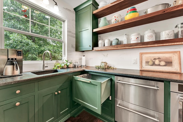2029 Moon Valley Rd, Ozark, MO 65721 - kitchen with green cabinets, a sink, open shelves, a warming drawer, and dark wood-style flooring