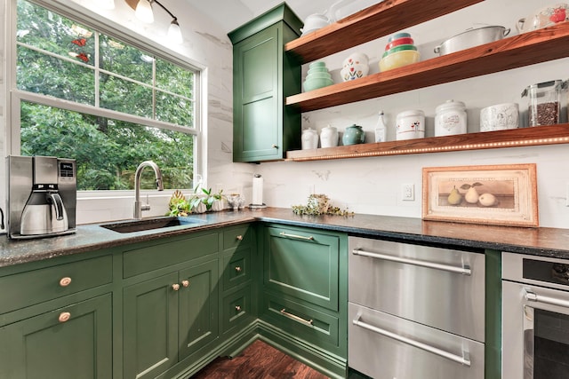 2029 Moon Valley Rd, Ozark, MO 65721 - kitchen featuring green cabinetry, a sink, open shelves, dark countertops, and stainless steel appliances