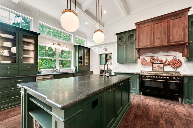 2029 Moon Valley Rd, Ozark, MO 65721 - kitchen featuring green cabinetry, range with two ovens, a sink, open shelves, and beamed ceiling