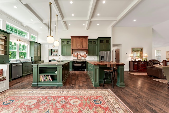 2029 Moon Valley Rd, Ozark, MO 65721 - kitchen featuring green cabinets, a center island with sink, high end appliances, open shelves, and dark wood-style floors