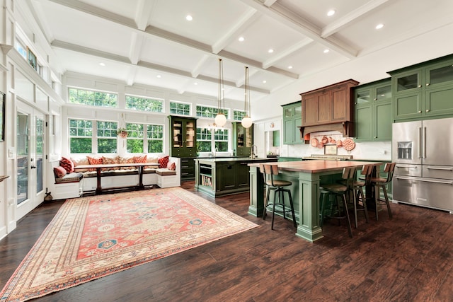 2029 Moon Valley Rd, Ozark, MO 65721 - kitchen featuring green cabinets, stainless steel fridge with ice dispenser, a kitchen island, beam ceiling, and coffered ceiling