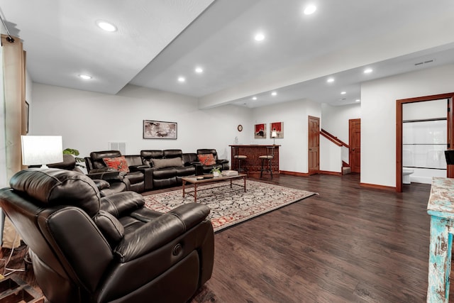 2029 Moon Valley Rd, Ozark, MO 65721 - living area featuring recessed lighting, dark wood finished floors, stairs, and bar