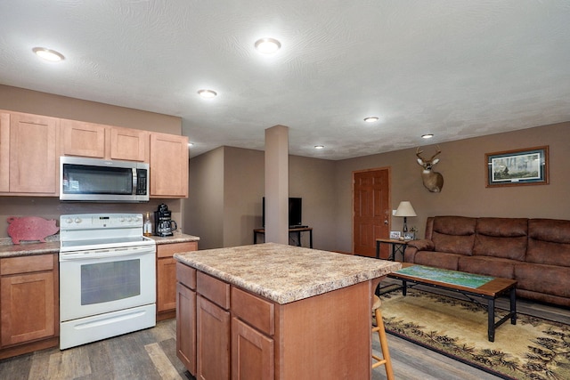 123 Fossil Cove Rd, Cape Fair, MO 65624 - kitchen featuring stainless steel microwave, white electric stove, dark wood finished floors, open floor plan, and light countertops