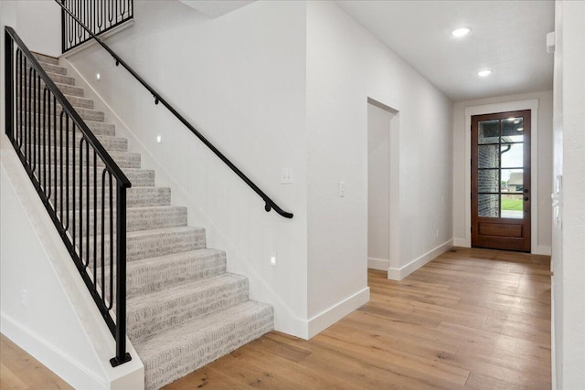 4943 S Aaron Ave, Springfield, MO 65810 - foyer entrance with baseboards, stairs, light wood finished floors, and recessed lighting