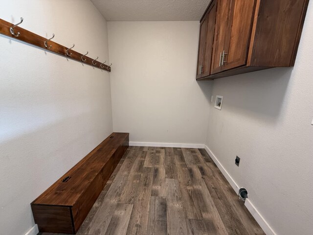 2606 Country Dr, Mountain Grove, MO 65711 - laundry area featuring cabinet space, dark wood-style floors, hookup for a washing machine, and a textured ceiling