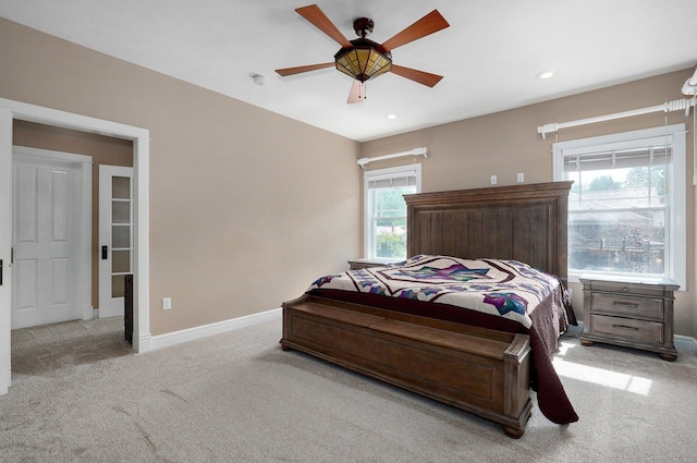 401 E Glendale St, Aurora, MO 65605 - bedroom with light carpet, baseboards, recessed lighting, and a ceiling fan