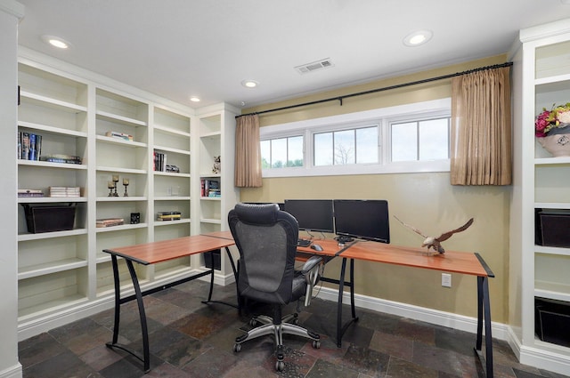 401 E Glendale St, Aurora, MO 65605 - home office with recessed lighting, stone tile floors, baseboards, and built in features