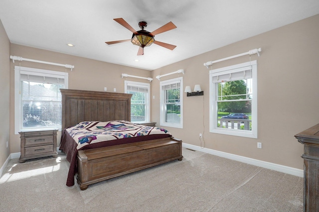 401 E Glendale St, Aurora, MO 65605 - bedroom with baseboards, light carpet, a ceiling fan, and recessed lighting