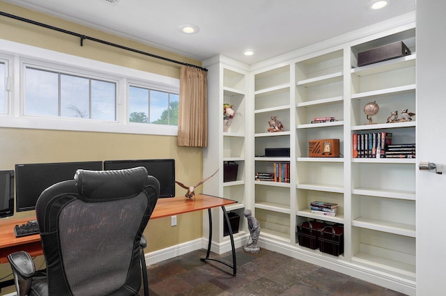 401 E Glendale St, Aurora, MO 65605 - office area featuring recessed lighting, baseboards, and dark stone finish flooring