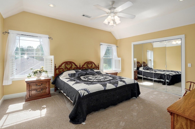 401 E Glendale St, Aurora, MO 65605 - bedroom featuring vaulted ceiling, carpet floors, a closet, baseboards, and ceiling fan