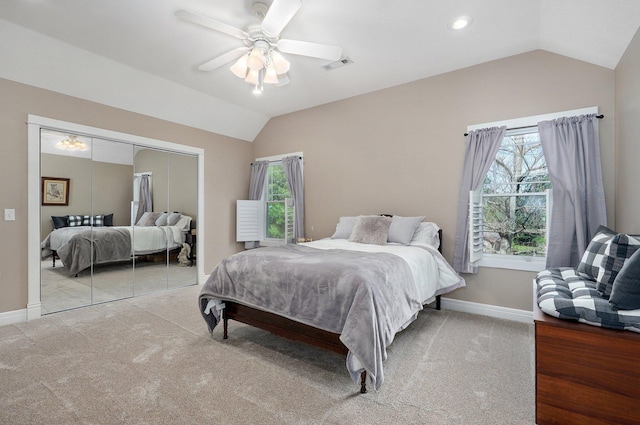 401 E Glendale St, Aurora, MO 65605 - carpeted bedroom with vaulted ceiling, a closet, baseboards, and a ceiling fan