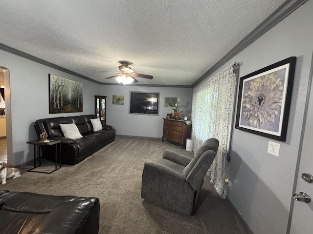 853 Sunset Ave, Marshfield, MO 65706 - living room with ornamental molding, arched walkways, ceiling fan, carpet floors, and baseboards